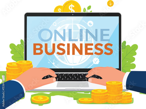 Online business concept with laptop and money stacks for digital income ideas on transparent background