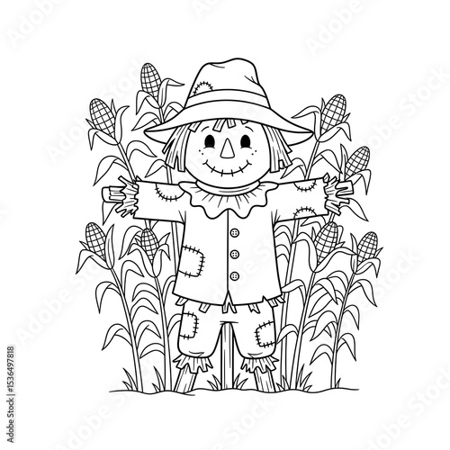 Scarecrow coloring page for kids, fall harvest season activity, autumn printable sheet for fun on transparent background