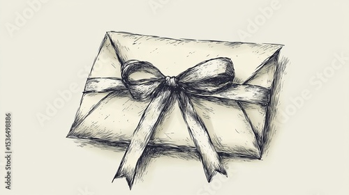 A hand-drawn sketch of a cream envelope tied with a light grey ribbon bow, resting on a pale background, rendered in a textured, sketchy style