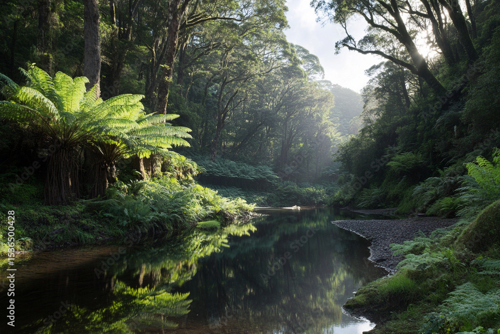 Fototapeta premium Sunlight reflections among lush ferns and serene water in a forest