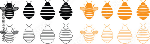 Bee icons set in flat and outline designs. Flying insect with striped body and wings vectors. Honeybee symbols for pollination and wildlife representation. Nature, apiary and environmental pictogram.
