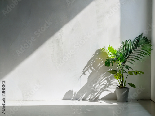 白い壁に観葉植物と太陽の光が美しい部屋