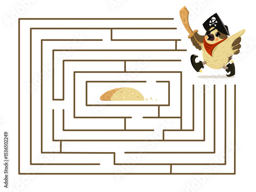 Cartoon sparrow pirate in maze game for kids, vector illustration of bird character searching for bread, fun adventure activity.