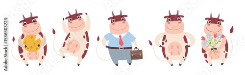 Funny Cow Character with Horn and Udder Enjoy Different Activity Vector Set