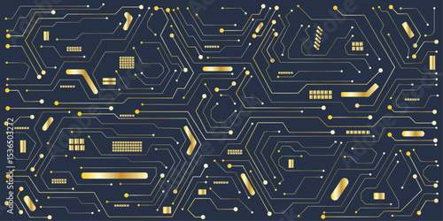 A golden background with golden circuit board lines, golden dots and yellow chips 