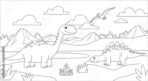 Fototapeta Naklejka Na Ścianę i Meble -  Dinosaur coloring page for kids printable cute dinosaurs landscape illustration vector art on transparent background