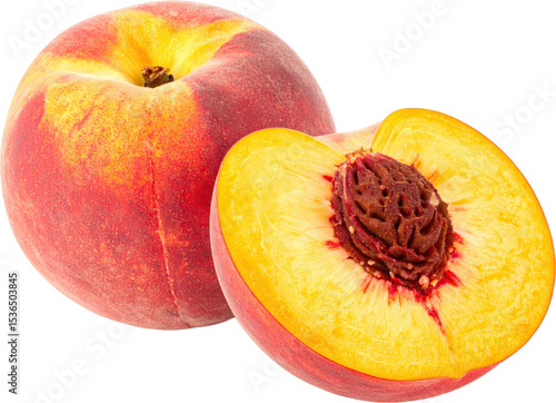 Ripe peach and half peach slice showing juicy flesh and pit Isolate peaches