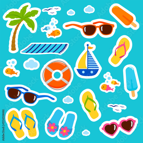 Summer beach vacation objects sticker sheet set. Happy fun sticker set for kids on a tropical holidays island. Cute sticker sheet, planner and scrapbook. Vector illustration