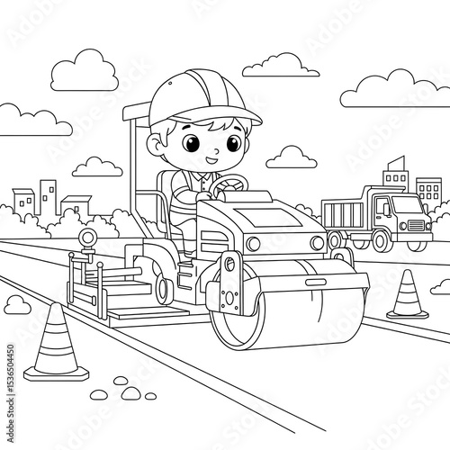 Road construction coloring page for kids with roller truck and worker outline drawing on transparent background