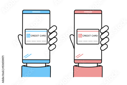 クレジットカードの情報が紐づけられたスマホを見せる人物の手のイラスト