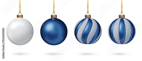 Blue Christmas balls realistic hanging on ribbons. Realistic 3D baubles for winter holiday home decor. Isolated vector elements PNG