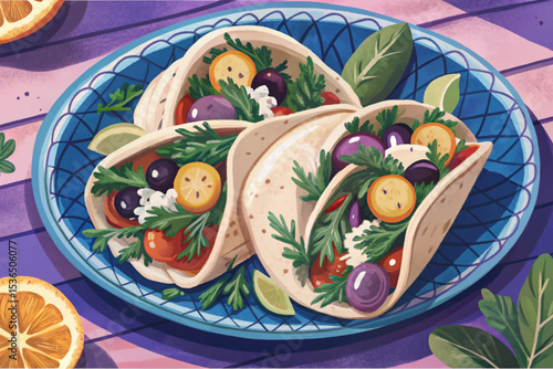 Greek pita pockets filled with fresh herbs and traditional flavors. Perfect for Mediterranean food themes, recipe books, or authentic restaurant branding visuals