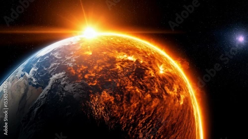 Dramatic planet view with half engulfed in flames, a celestial inferno in deep space, cosmic fire and intense heat simulation.