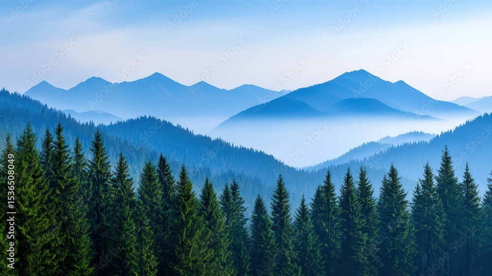 Naklejka premium Serene Mountain Landscape with Misty Peaks and Lush Evergreen Forests Under Clear Blue Sky