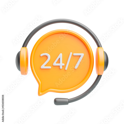 Call center 3d icon. Realistic yellow speech bubble with 24 7 text and headset around. All day working, 24 hour 7 day of week phone support concept. Trendy cute vector illustration isolated on white
