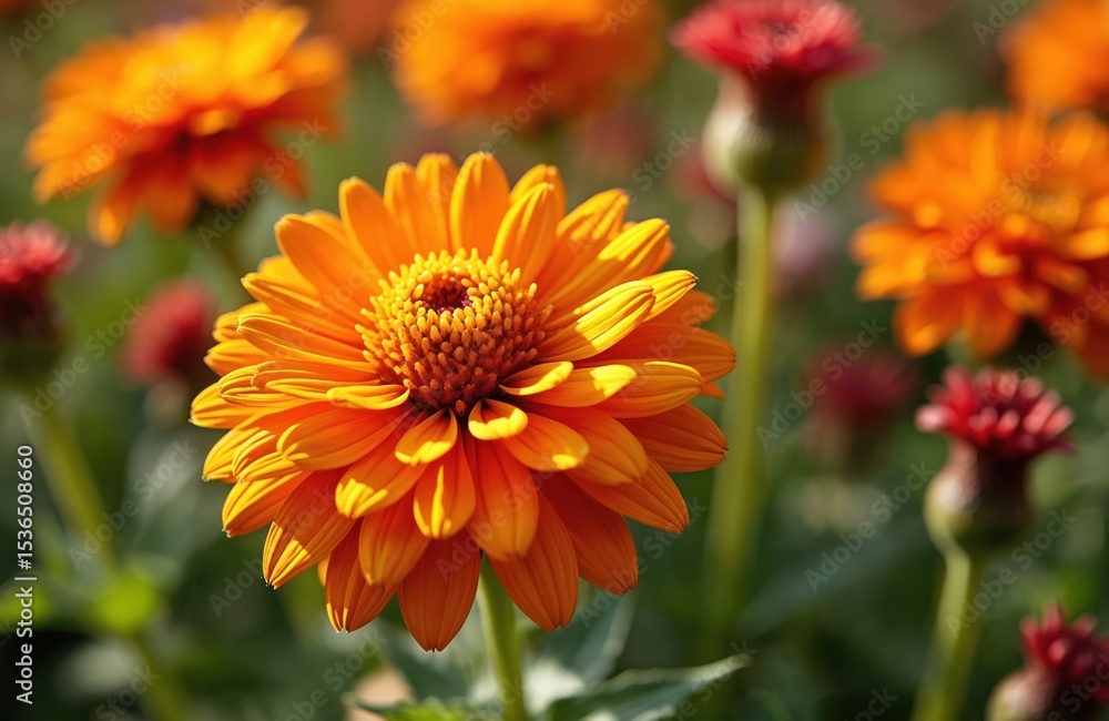 Vibrant orange flower with detailed petals, green background, soft focus. Sunny day. Focus on bright petals. Great for herbal medicine, botany, aromatherapy botanical illustration. Perfect for Vibrant orange flower with detailed petals, green background, soft focus. Sunny day. Focus on bright petals. Great for herbal medicine, botany, aromatherapy botanical illustration. Perfect for