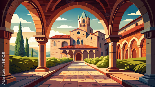 Stone Church Viewed Through Archway in Ferrara Italy. Very beautiful