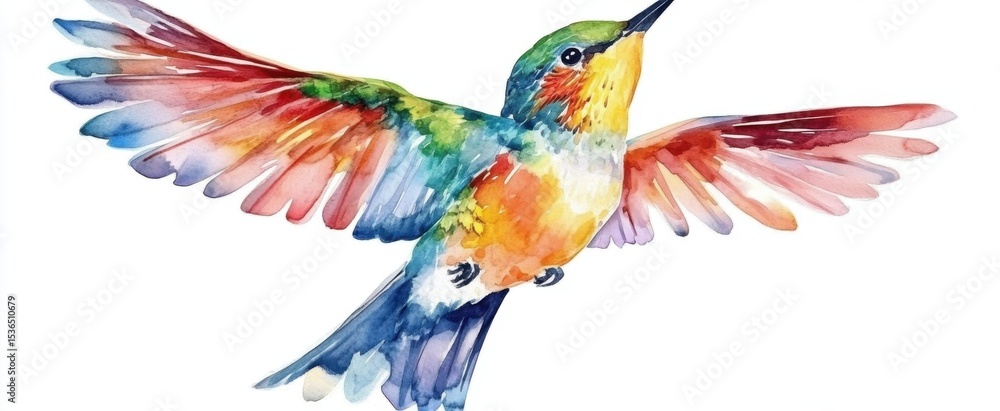 Obraz premium This vibrant watercolor illustration captures a hummingbird in mid-flight, showcasing its colorful feathers and graceful wings. Perfect for nature themes.