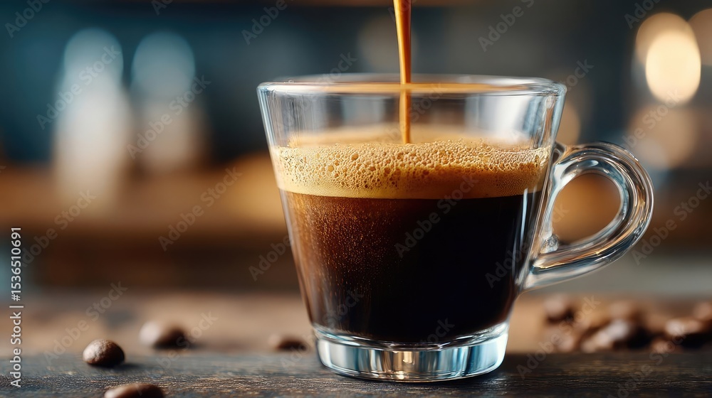 Early brew for caffeine kick and early work coffee concept. A fresh cup of espresso poured with rich, dark foam. Early brew for caffeine kick and early work coffee concept. A fresh cup of espresso poured with rich, dark foam.