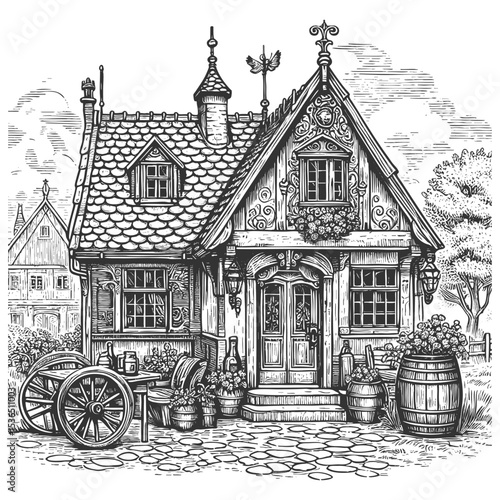rustic tavern cottage with barrels, wooden cart, flowers, and detailed architecture sketch engraving generative ai vector illustration. Scratch board imitation. Black and white image.