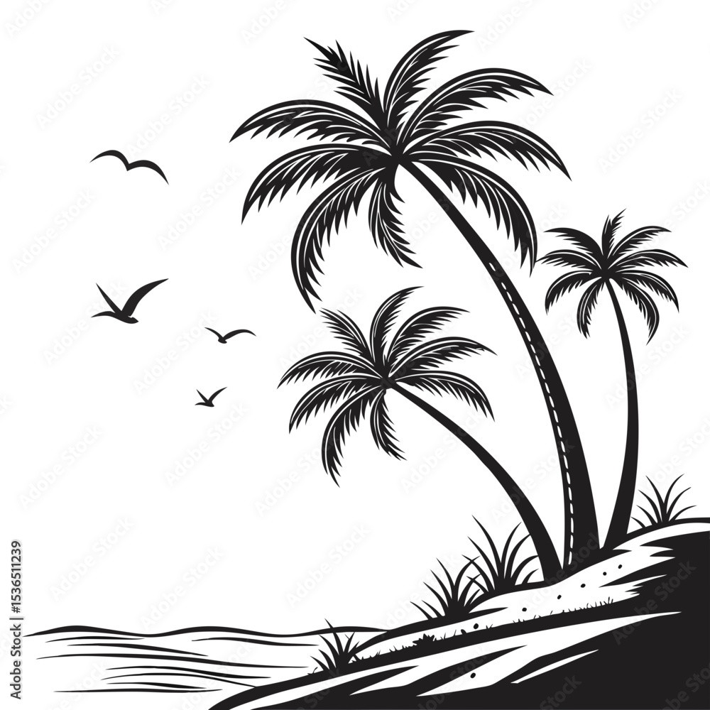 Fototapeta premium beach tropical palm trees with leaves black silhouette vector flat design white background