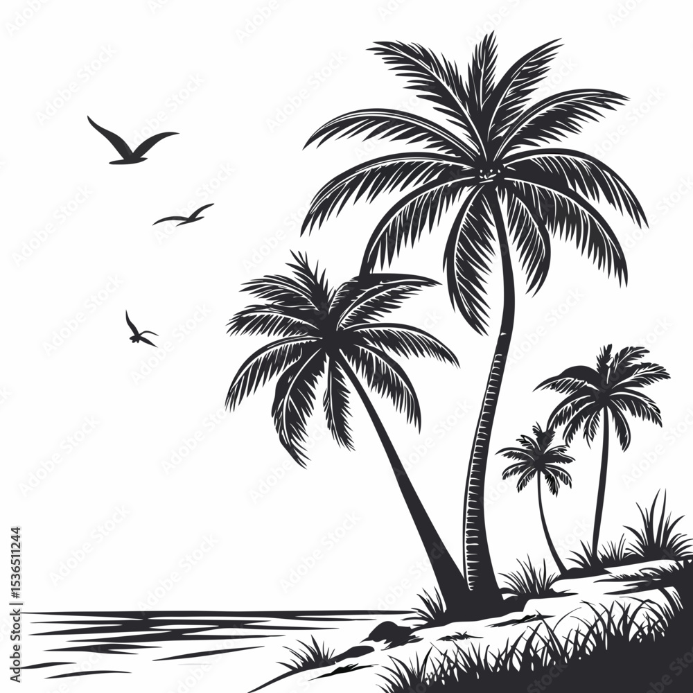 Fototapeta premium beach tropical palm trees with leaves black silhouette vector flat design white background