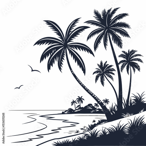 beach tropical palm trees with leaves black silhouette vector flat design white background