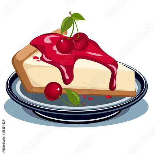 cheesecake with cherry on a plate without background
