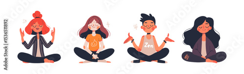 Vector illustration of calm yoga women and men in zen lotus pose, meditating with nature inspired elements. Flat cartoon characters promote balance and mindfulness for wellness themes.