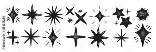 Set of stars and magic sparks with crayon, pastel or chalk texture. Doodle sparkles with organic texture for collage or kids design. Black vector illustration on a white background.