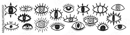 Set of doodle eyes in esoteric or tattoo design with crayon, pastel or chalk texture. Evil or mystic eyes. Black vector illustration isolated on a white background.