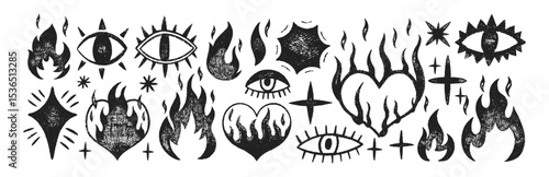 Set of stars, fire flames, eyes and hearts with crayon, pastel or chalk texture. Doodle elements with organic texture for collage or kids design. Black vector illustration on a white background.