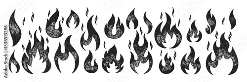 Collection of hand drawn fire flames with crayon, pastel, chalk or pencil texture. Grunge elements in sketch style. Black vector illustration isolated on a white background.