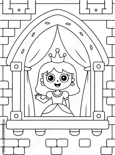 Princess waving from castle window coloring page