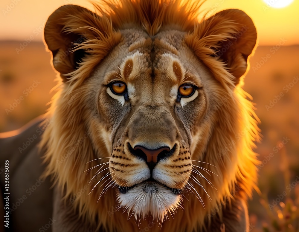 Naklejka premium Majestic lion with golden mane staring into sunset, powerful wild animal portrait, king of the savanna