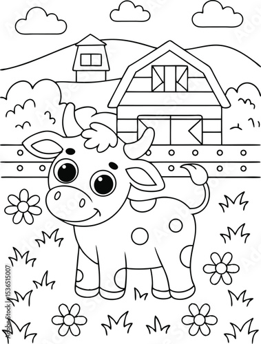 Cute cartoon cow coloring page farm barn scene