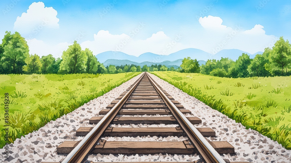 Fototapeta premium Scenic View of a Train Track Surrounded by Lush Green Fields and Rolling Hills Under a Bright Blue Sky with Fluffy Clouds
