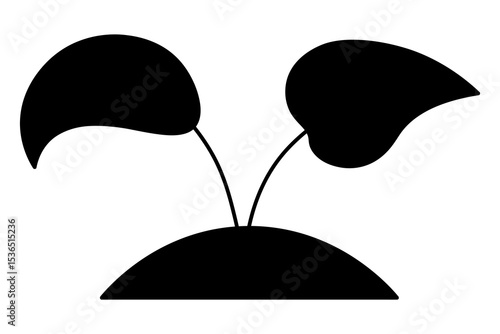 A sprout of seedling broke through the soil. Black silhouette. Two branches with leaves on a handful of earth. Vector illustration. Isolated white background. A seed that has sprouted into a plant. 