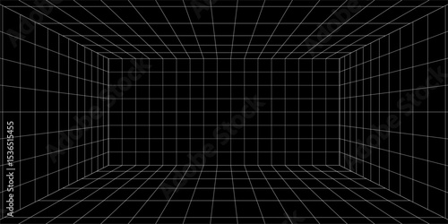 Futuristic perspective grid box. Abstract wireframe with white grid line on black background. Virtual reality landscape in 80s 90s digital style. Vector