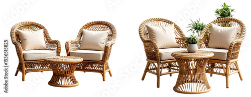  Elegant wicker patio furniture set with two armchairs and round table, isolated on transparent background PNG
