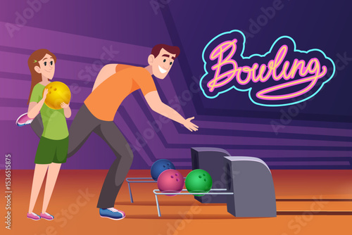 Bowling players. father and daughter playing in bowling club