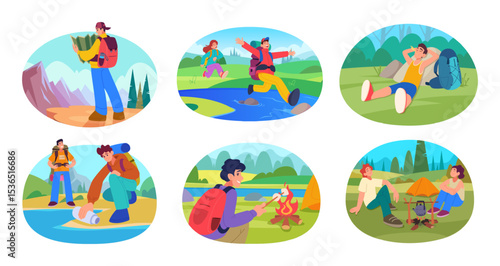 Traveller. Backpacker solo tourist outdoor vacation wild adventure exact vector hiking activity