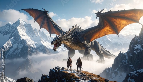 A fantasy movie poster of two adventurers facing off against an enormous dragon