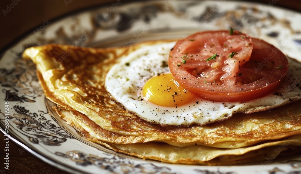 Stacked golden crepes, topped with fried egg and tomato slice Stacked golden crepes, topped with fried egg and tomato slice
