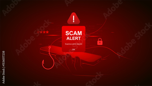 Smartphone scam alert vector with hacker phishing fraud and mobile phone hand malware cybercrime virus.