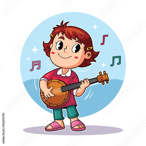 Girl Playing Tenor Banjo Cheerfully
