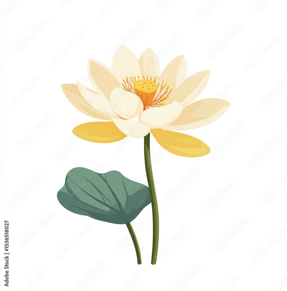Obraz premium Serene Lotus Flower, Delicate Petals Unfurl, Yellow Center, Green Leaf, Simple Minimalist Design, Peaceful Atmosphere.