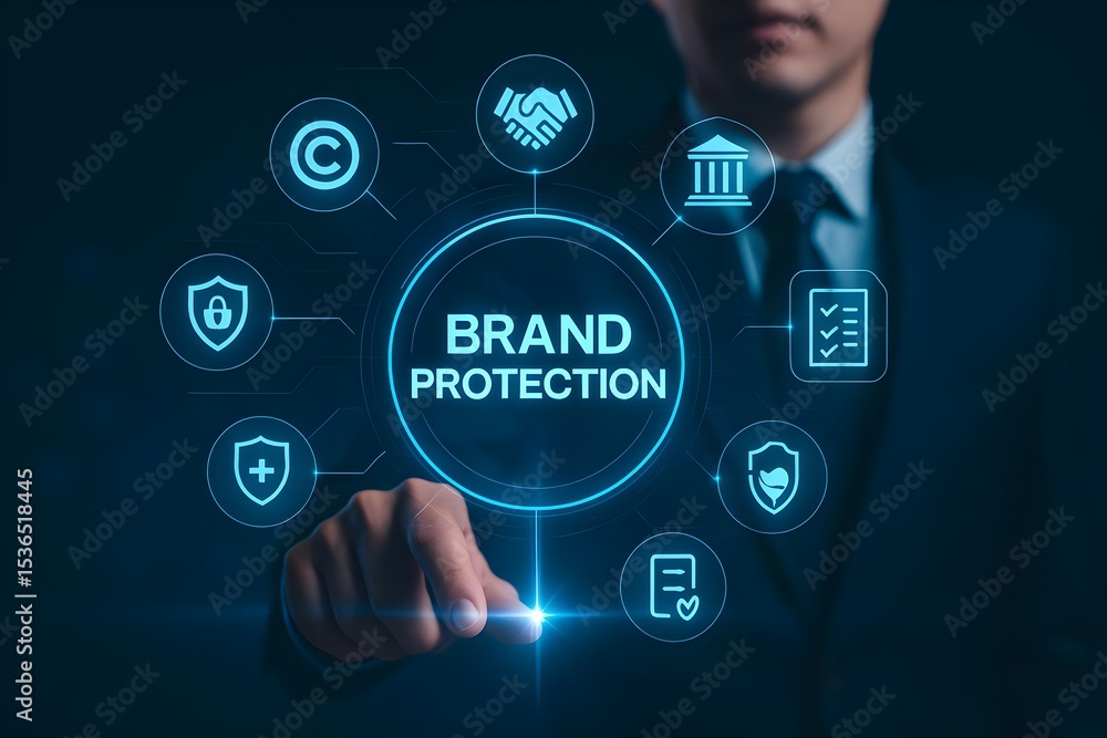 Businessman Touching Brand Protection Concept with Digital Icons Businessman Touching Brand Protection Concept with Digital Icons