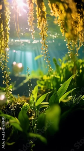 Sunlight beams through clear water illuminating aquatic plants in an underwater garden scene with lush greenery and bokeh circles.