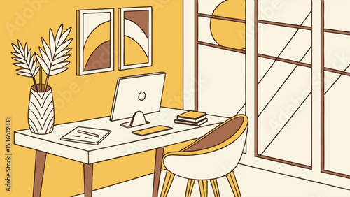 Warm Tones Office Space: Desk, Computer, Window Light, Minimalist Decor, Abstract Art.